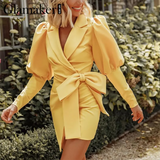 Yellow lantern sleeve autumn dress women sexy office elegant short dress fashion ladies 2020 bodycon party club