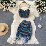 Korean Style Women Set Summer 2022 V Neck Backless Drawstring Sexy Strap Top+ Ladies Mini Skirt Bodycon Two Piece