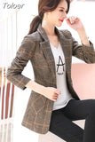 Vintage Office Lady Notched Collar Plaid Women Blazer Single Button Autumn Jacket 2023 Casual Pockets Female Suits