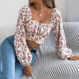 Early Autumn Flower Lantern Sleeve With Waist Chiffon