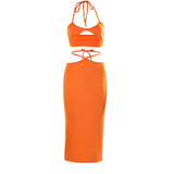 Sexy Fashion Outfits Orange 2 Pieces Solid Halter Backless Crop Tops and Tie Up High Waist Long Skirt Street Club