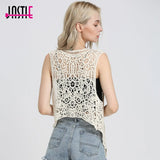 Jastie Asymmetric Open Stitch Cardigan Summer Beach Boho Hippie People Style Crochet Knit Embroidery Blouse sleeveless Vest
