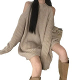 Women Halter Solid Thick Knitted Tops Splice Full Sleeve Mid Length Pullovers Regular Hollow Out Loose Sweaters Autumn Winter-Outfit