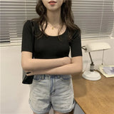 Thin Summer Top Sexy T Shirt Women Elasticity T-Shirt Korean Style Woman Clothes Slim Tshirt Female Casual Short Sleeve