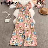 New Summer Women Slash neck off shoulder puff sleeve Jumpsuit elastic waist slim print wide leg Pants