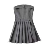 Sexy Gray Ruched Chest Strapless Croset Style Mini Dress Safari Women Slim Waist A line Pleated Hem Tube top Party Robe-Outfit
