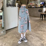 Fashion Denim Long Skirts For Womens Summer Blue High Waist Raw Edge Slit Vintage Washed Printing Korean Style Casual