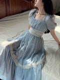Blue Elegant Dress Women Vintage Evening Party Midi Dresses Female Korean Fashion Holiday Short Sleeve Chiffon Dress