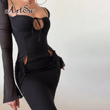 Spring Sexy Mesh See Through Mini Dress Elegant Fashion Outfits Tie Up Long Sleeve Club Party Cut Out