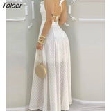 Summer Ruffle Hem Open Back Slit Maxi White Dress Sleeveless Elegant Casual Lace Up Sexy Vacation Solid Long Ladies