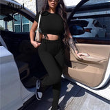 Summer Streetwear Bodycon White 2 Two Piece Sets Women Outfits Knitted Bandage Crop Top Split Trousers Fitness