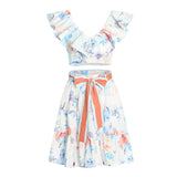 Summer Print Two Piece Set Womens V Neck Butterfly Sleeve Tops High Waist Mini Skirt Colorblock Sets Female