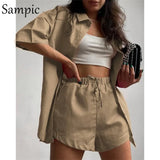 Casual Lounge Wear Summer Green Tracksuit Women Shorts Set Short Sleeve Shirt Tops And Loose Mini Shorts Two Piece