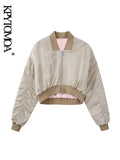 Women Fashion Front Zipper Satin Crop Padded Bomber Jacket Coat Vintage O Neck Long Sleeve Female Outerwear Chic
