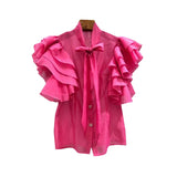 Patchwork Ruffle Shirt For Women Bow Collar Short Sleeve Solid Chic Blouse Femlae Fashion New Clothing