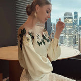 Yuanfeng Heavy Industry Mesh Stitching Satin Embroidered Shirt Women's 2023 Early Autumn New Style-Outfit