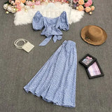 New Summer Fashion V-neck puff sleeve short Shirt Top + high waist pleated waist floral Skirt 2-piece
