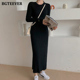 New Autumn Hooded Side Split Female Knitted Dress Stretched Sweater Women Dress Casual Ladies Pullovers Vestidos