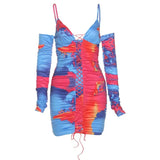 Early Autumn New Mini Dress Suspender Bright Color Printing Strappy Drawstring Slim For Women