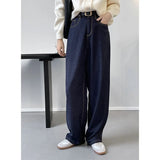 Women's High Waist Dark Blue Bright Line Straight Jeans Thin Wide Leg Denim