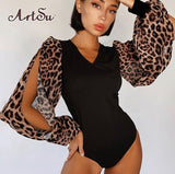 2021 Cute Leopard Print V Neck Bodysuit Long Sleeve Summer Bodycon Skinny Bodysuits One Piece Body Suit New