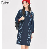 Women Knit Dress 2022 Winter Long Sleeve Polo Neck with Button Loose Argyle Check Print Vintage Casual Chic Midi