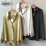 Summer Shirt Fashion Long Sleeve Satin Women's Shirt Vintage Street Silk Shirts Elegant Imitation Blouses and Shirts