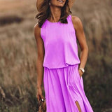 2025 Summer Women's Fashion Trend Retro Round-Neck Sleeveless Forked Solid Color Two-Piece
