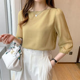 Summer Short Sleeve Chiffon Shirts Ladies Korean Chic Plaid Lantern Sleeve Loose Blouse Women Fashion Slash Neck Tops