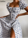 2022 Off Shoulder Print Floral Sexy Dress Women Vintage Elegant High Split Sundress Ruched Drawstring Casual Maxi