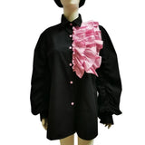 Patchwork Pleated Blouse Shirts For Female Lapel Collar Lantern Long Sleeve Colorblock Women's Casual Shirt