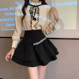 Sweet Kawaii Ruffles Diamonds All-match Cake Skirt 2023 Summer New Elegant Fashion School High Waist A-Line Mini