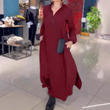 Autumn And Winter New Leisure Loose Solid Color V Collar Long-Sleeved Dress