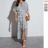 Women's Spring-Summer Printing Long-Sleeved Print V-Neck Dress