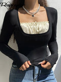 y2k Frill Crop Top Bow Cute T Shirt Patched Black Full Sleeve Pullovers Retro Grunge Fairycore Korean Tee Women