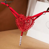 Love Heart Pearl Massuge Lace Thong Low Waist Transparent Sexy Underwear G-String Fashion Women Lingerie Panties