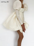 Puff Sleeves Woman Party Dress Evening Chic Square Collar Ball Gown Dress Short Beige Satin Dresses Pleated