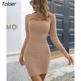 Knitted Short Dress Woman Sexy Bodycon Hollow Red Twist Sweater Dress Casual Solid Autumn Winter Basic Dresses