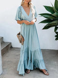 Maxi Dresses For Women Summer 2022 Loose Flounced Edge V Neck Solid Color High Waist Bohemian Beach Long