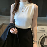2021 Sleeveless Summer Blouse Women Korean Knit Elastic Casual Clothes Solid Turtleneck Fashion Ladies Tops Blusas 8623