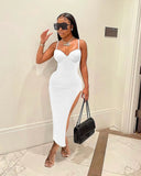 Summer Sexy Clothes Bodycon Dresses For Women 2022 Sleeveless Cami Strap Side Spilt Maxi Dress Pink Party White