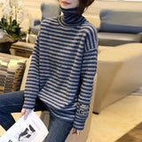 Loose Fashion Striped Spliced Sweaters Autumn Winter Casual Thick Warm Turtleneck Korean All-match Knitted