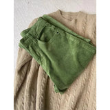 Retro Green High-Waisted Plus Velvet Slack Autumn And Winter New Set Thin Corduroy Broad Leg