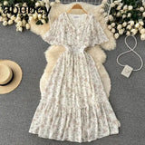 Women Summer Pleated Print Dress 2022 Vacation Ruffle Floarl Gentle Short Sleeves Ladies Slim A Line Long Dresses