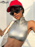 Summer Sexy silver Crop Top Club Outfit For Women 2023 Turtleneck Button Sleeveless Corset Tank Tops Party Casual