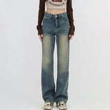 Retro Blue Washed Bootcut Jeans For Women Y2k Fashion High Waisted Wide Leg Pants Female Bottoms Cotton Denim
