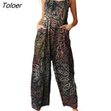Fashion Leopard Print Jump Suit Shoulder Straps Pockets Wide Leg Ethnic Style Floral Print Ladies Playsuit for