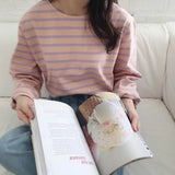 Women Trendy Daily Long Sleeve Elegant Sweet Student Womens Classic Casual Striped Tee Korean Lady O-Neck T-shirt