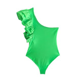 Women Green One Shoulder Bodysuits 2022 Summer Fashion Lady Sexy Slim Ruffles Bodysuits Female Solid Tight Sleeveless