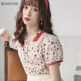 Women Floral Ruffles Retro Chic French Short Sleeve Cute Tunic Top Ulzzang Holiday Fashion Womens Girls Summer Daily